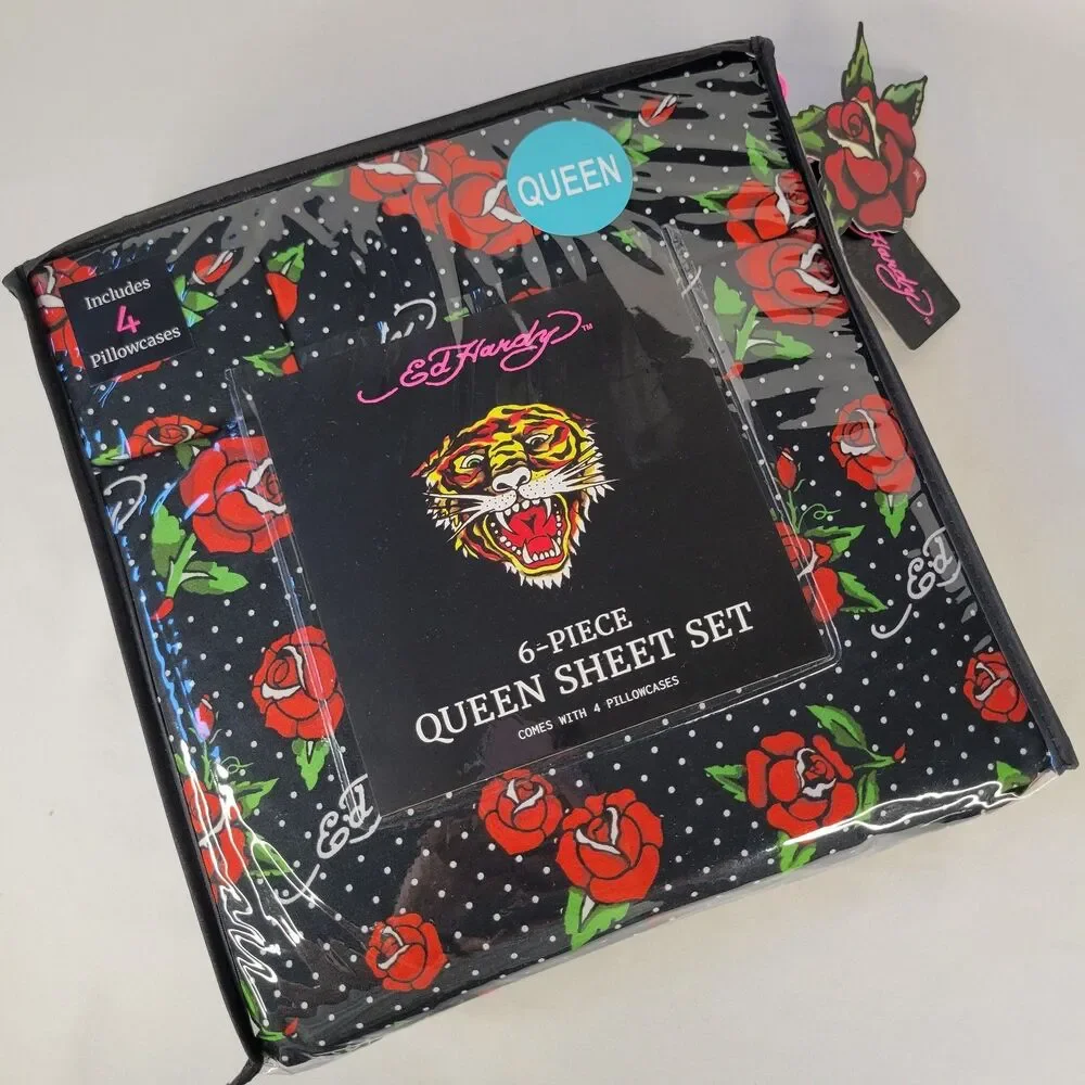 Ed Hardy QUEEN Sheets Set 6pc Black White Polka Dots Red Rose Tattoo Print Signa